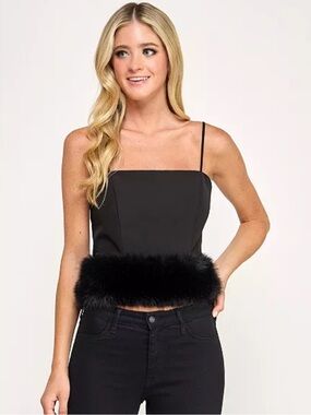Seni & Cade Strappy Black Crop Top with Faux-Fur Hem